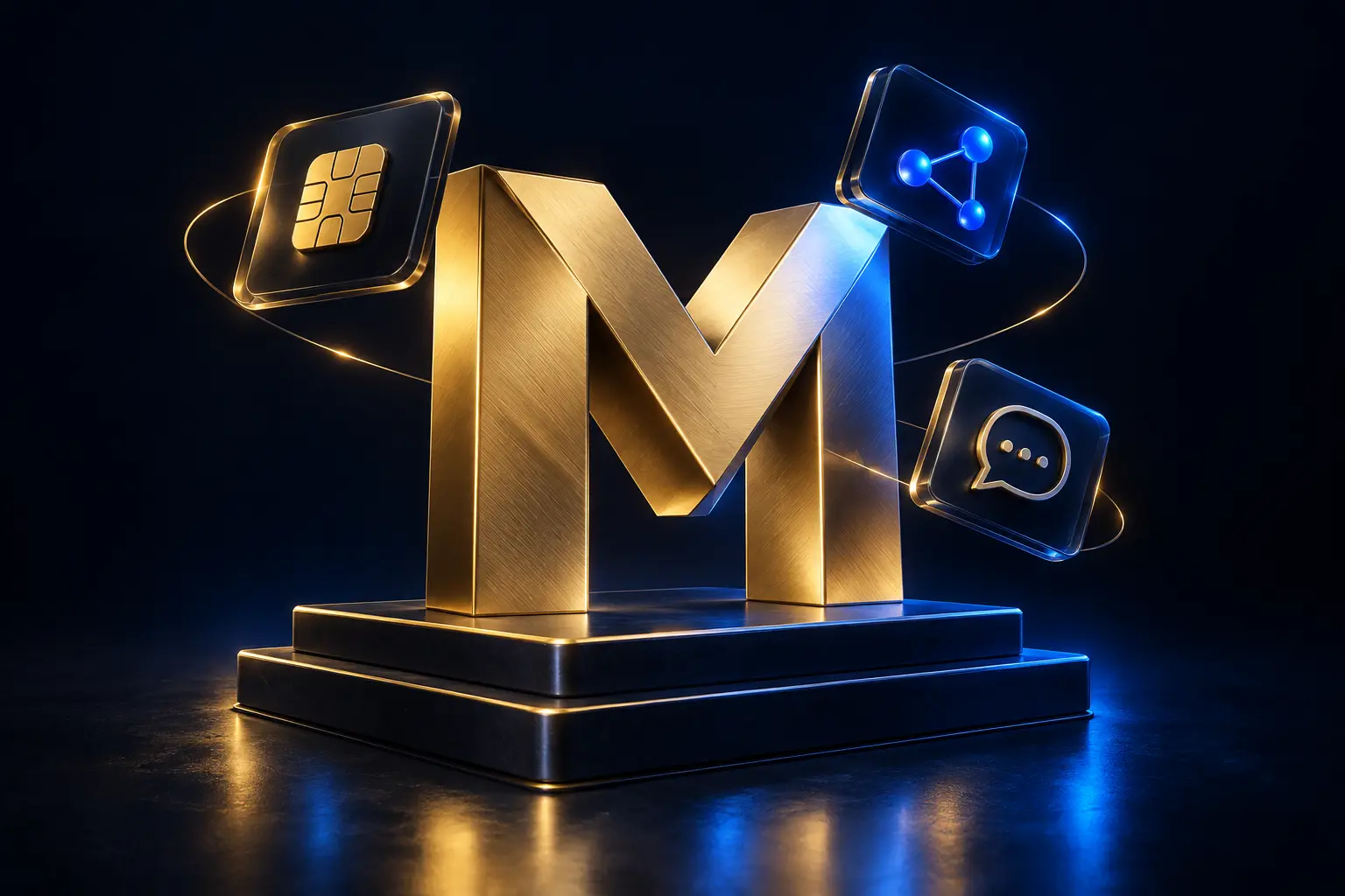 Monograma Máximo em dourado, com símbolos de conectividade